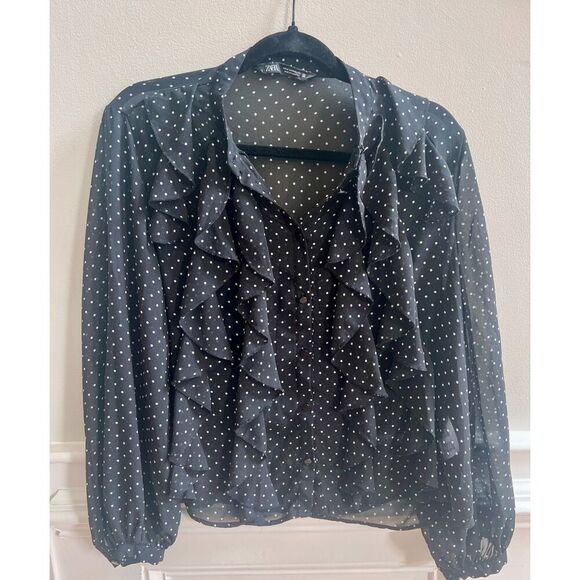 Zara Tops - Low Price! Zara Black Polka Dot Ruffle Blouse – Size M